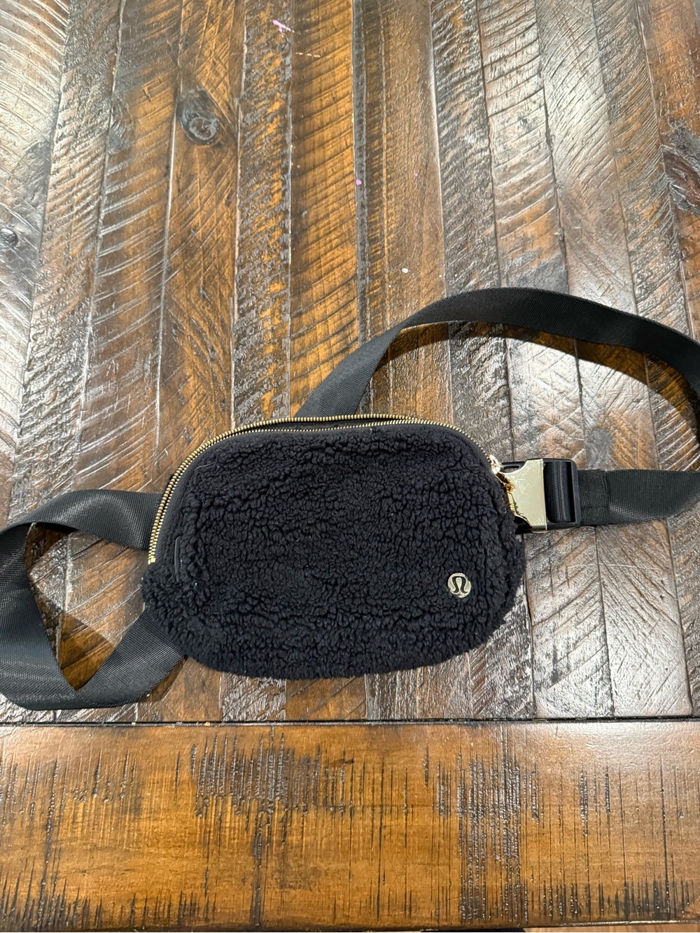 lululemon Black Sherpa Fanny Pack with Gold Zipper